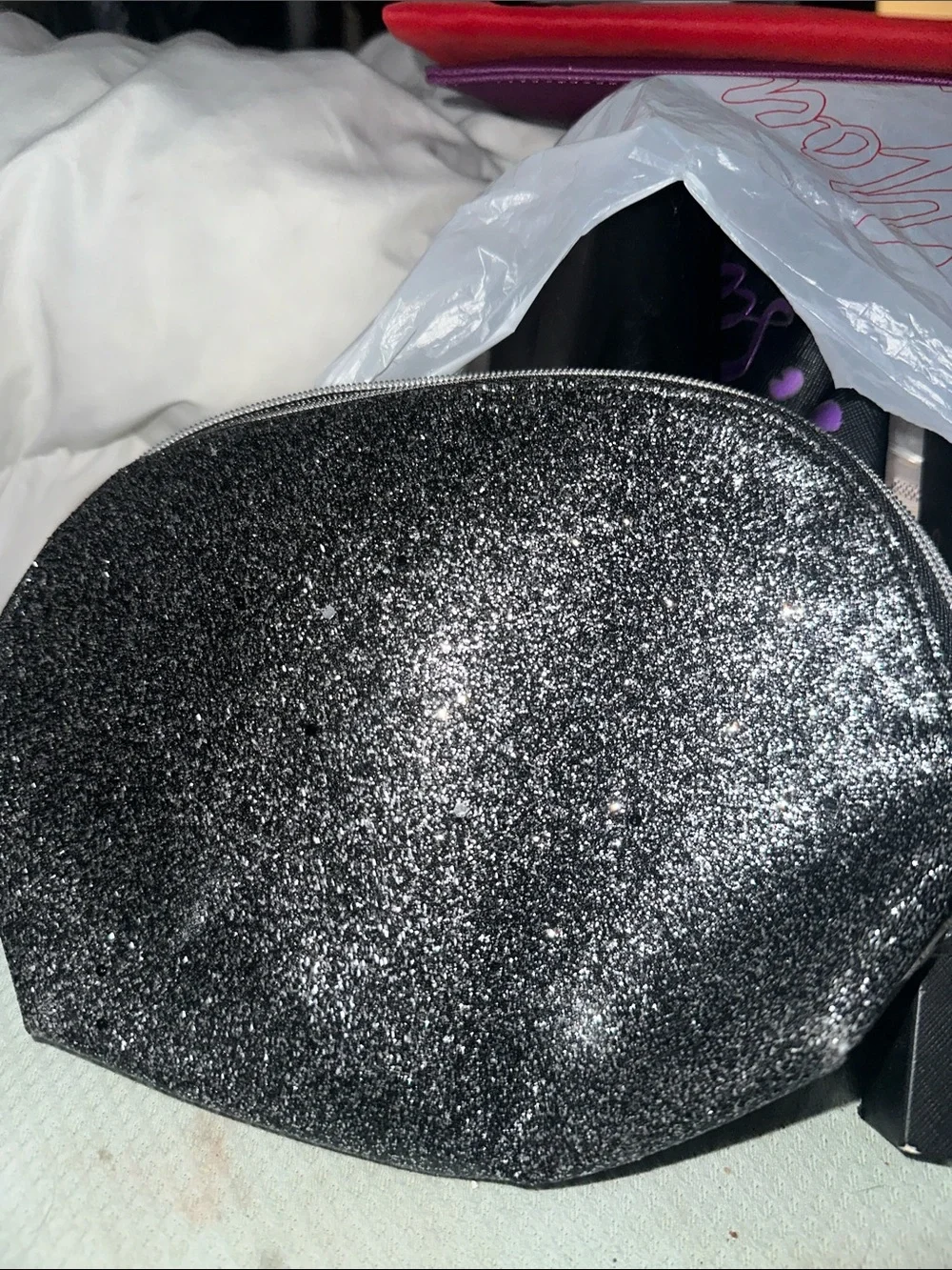 Lancome Sparkle Black Glitter Cosmetic Bag new medium size silver accents